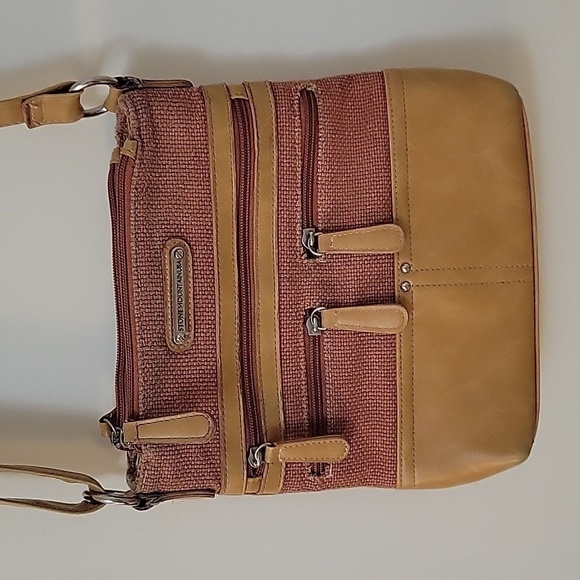Vtg STONE MOUNTAIN Canvas Faux Leather Three Compartment Carpet Shoulder Bag - Picture 3 of 16